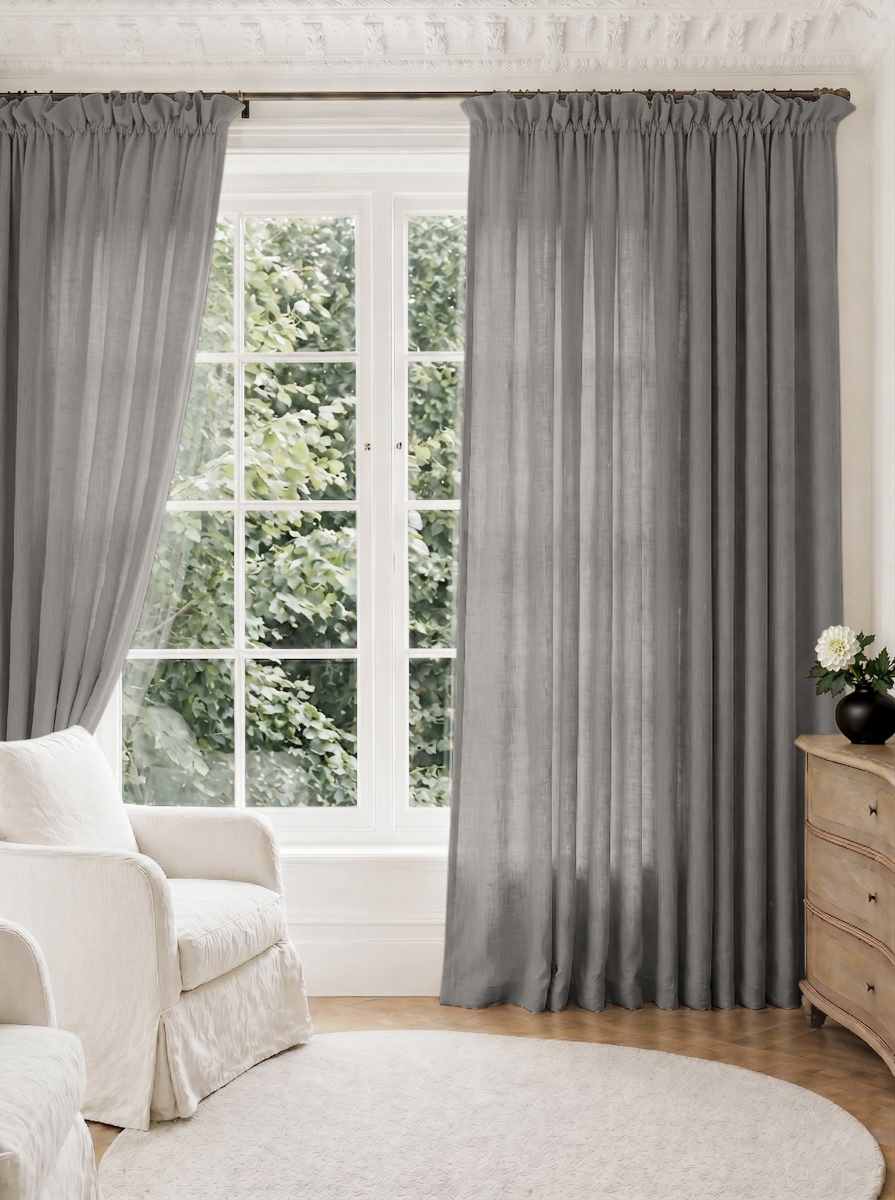 Grey Pleated Linen curtains for Living room. Made of pre-washed linen Bianco Iron by Ada & Ina.