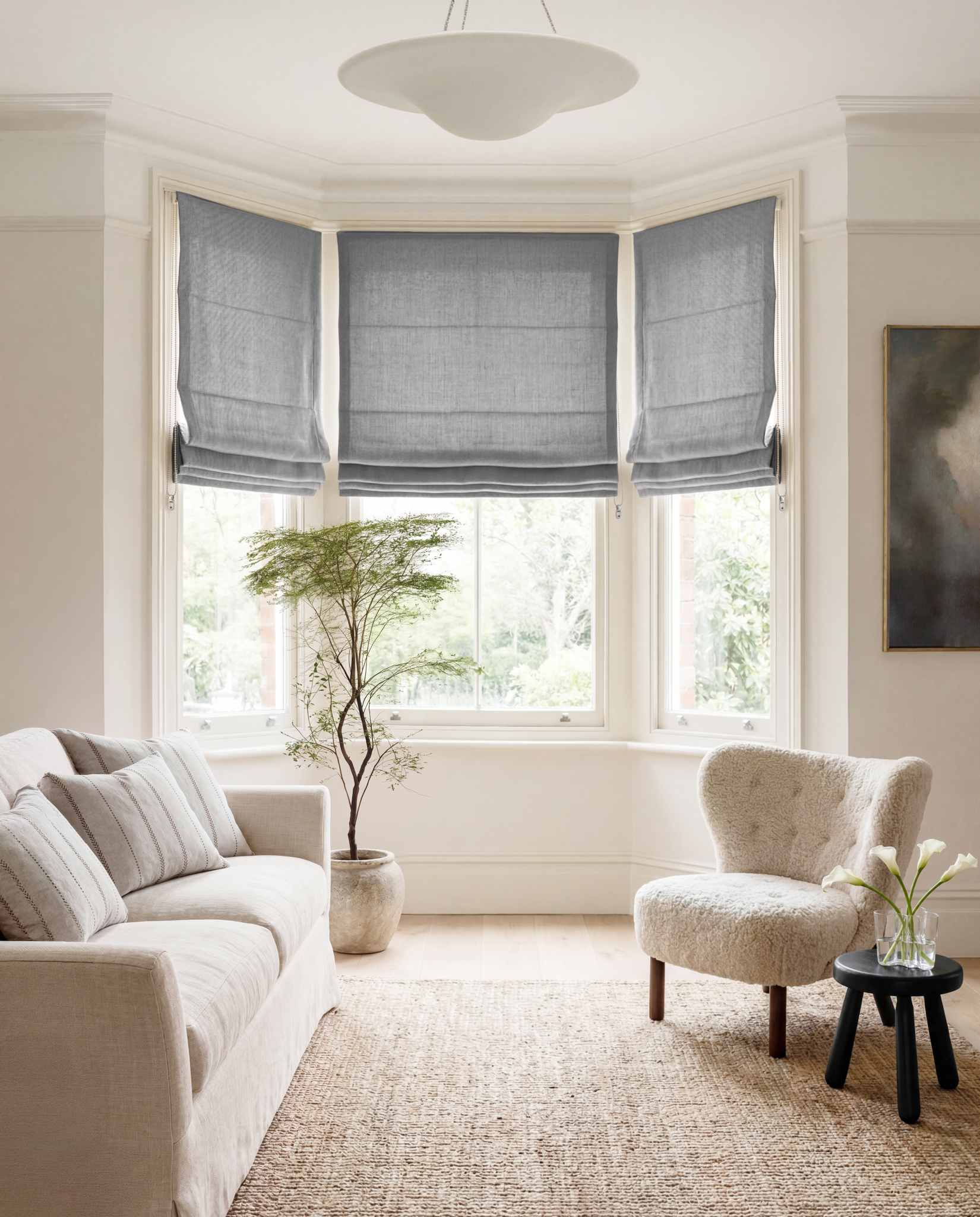 Grey Linen Bay window roman blinds for Living room and bedroom. Lined. Greta Stone.