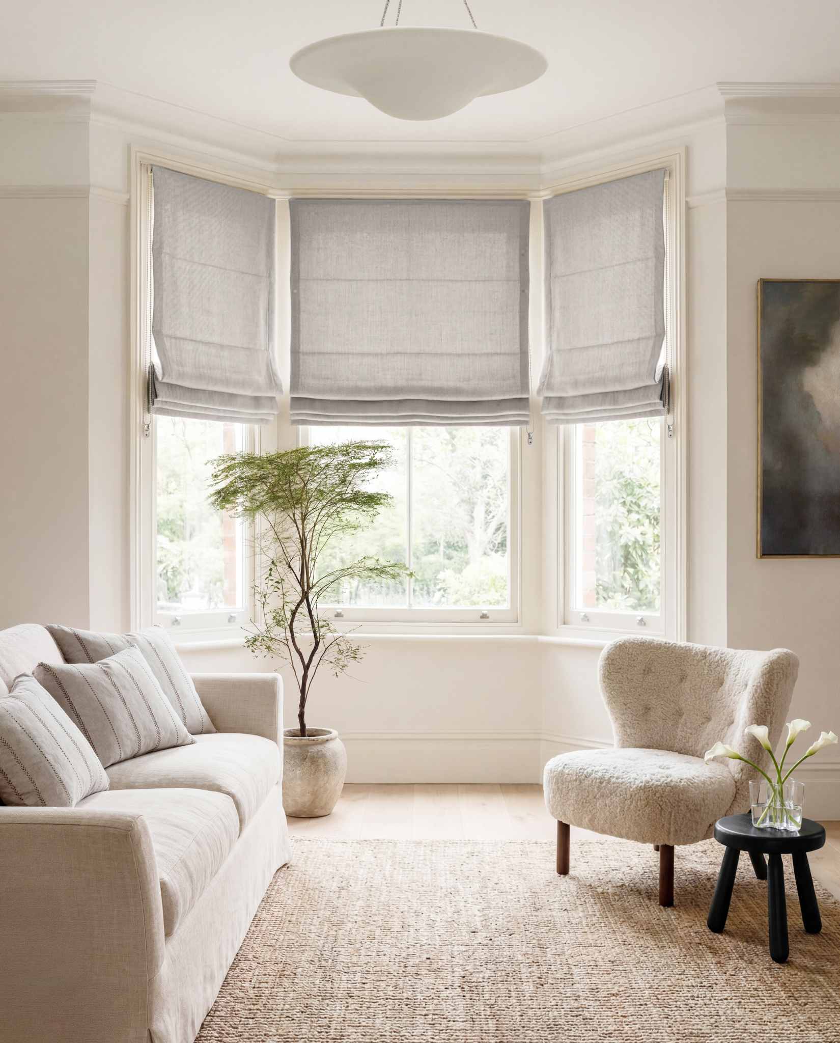 Grey Linen Bay window roman blinds for Living room and bedroom. Lined. Greta Winter Fog.