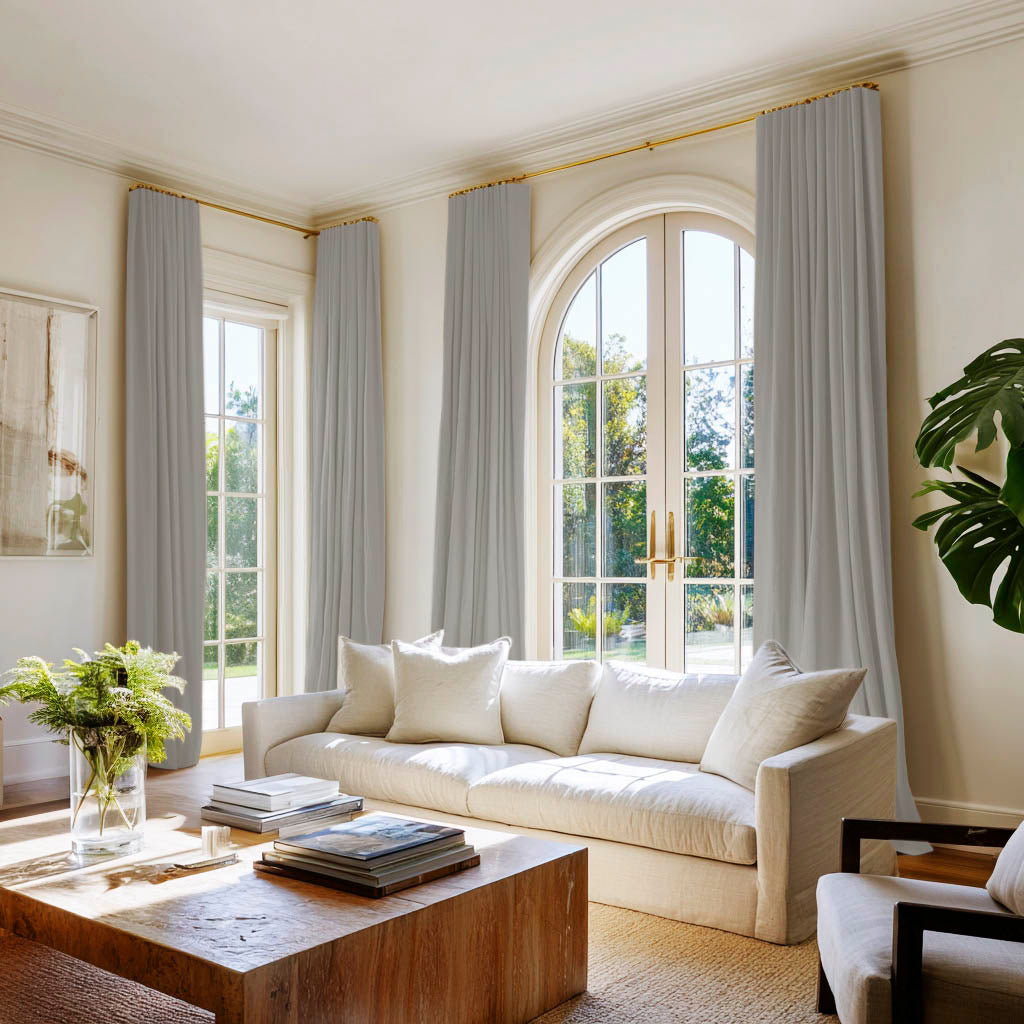 Living room with two pairs of Grey 100% Cotton curtains made of Amara Grey Cloud fabric