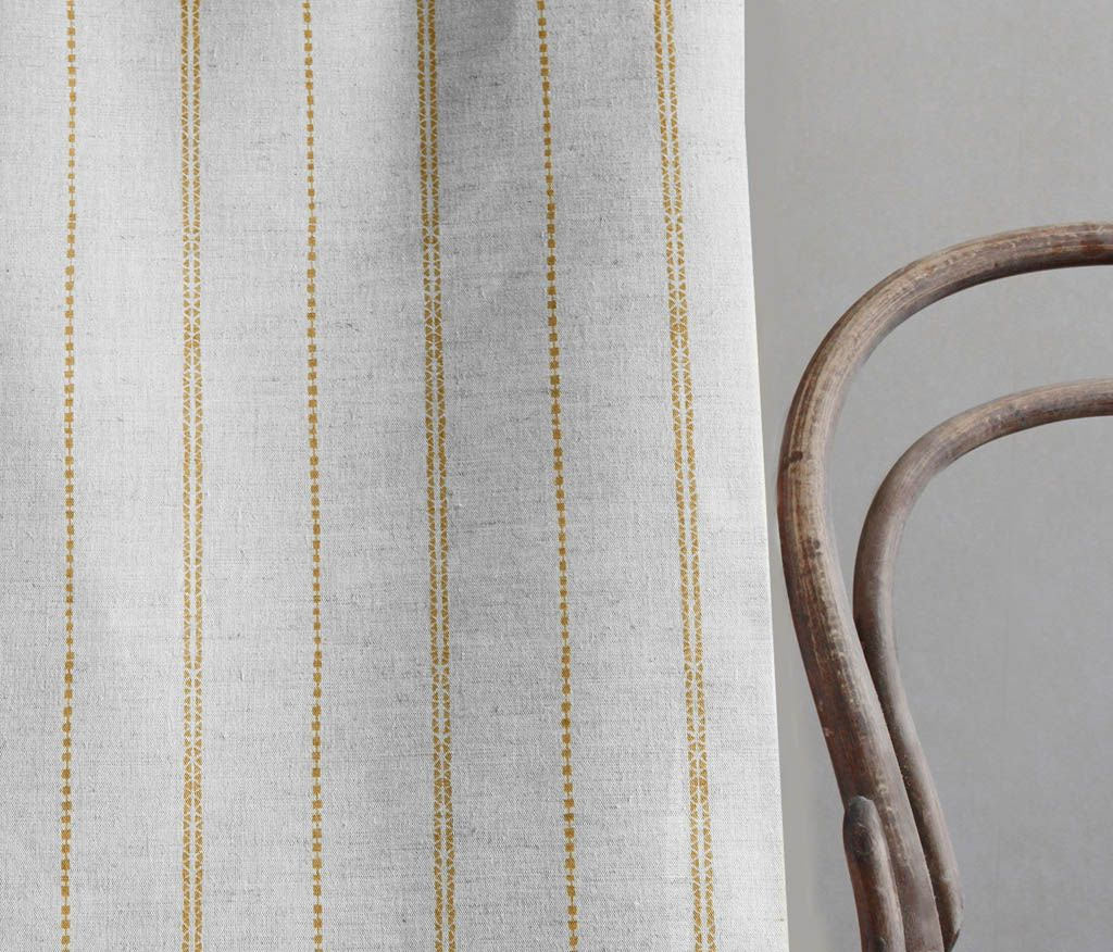 Inga-NAT Gold Ochra - Natural fabric with Yellow Orange decorative stripes, Linen Cotton mix