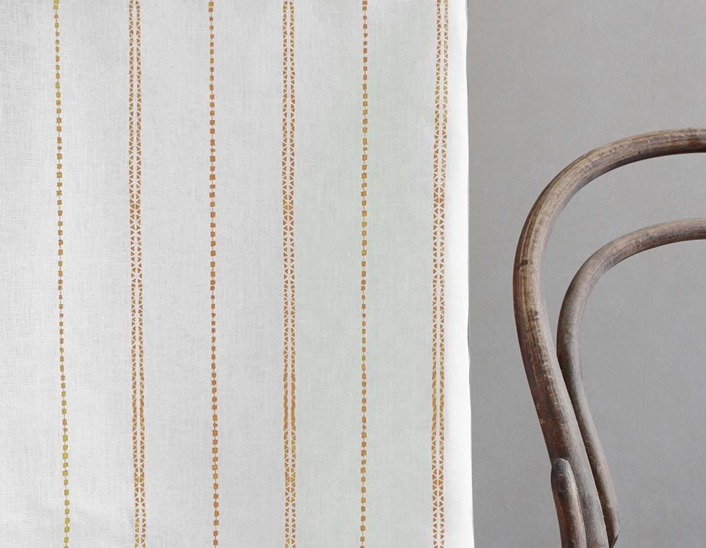Inga Ochra - White fabric with Yellow Orange decorative stripes, 100% Linen