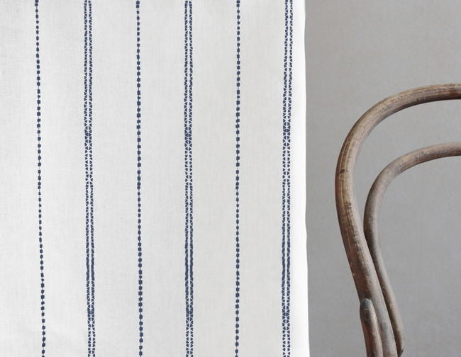 Inga Ink - White fabric with dark Blue decorative stripes, 100% Linen