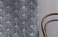 Katarina Ink - White linen fabric with Dark Blue floral print
