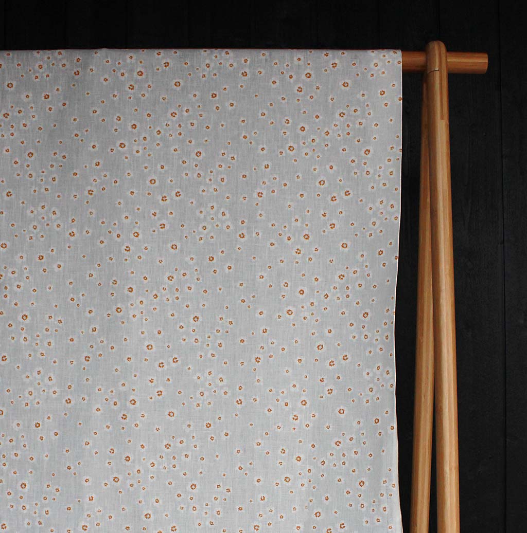 Janika Tangerine - Linen curtain fabric - Orange flower print on Grey background