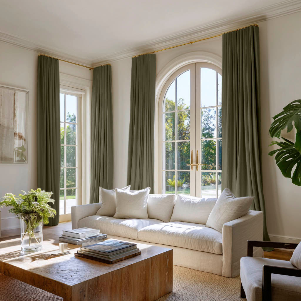Living room with two pairs of green curtains