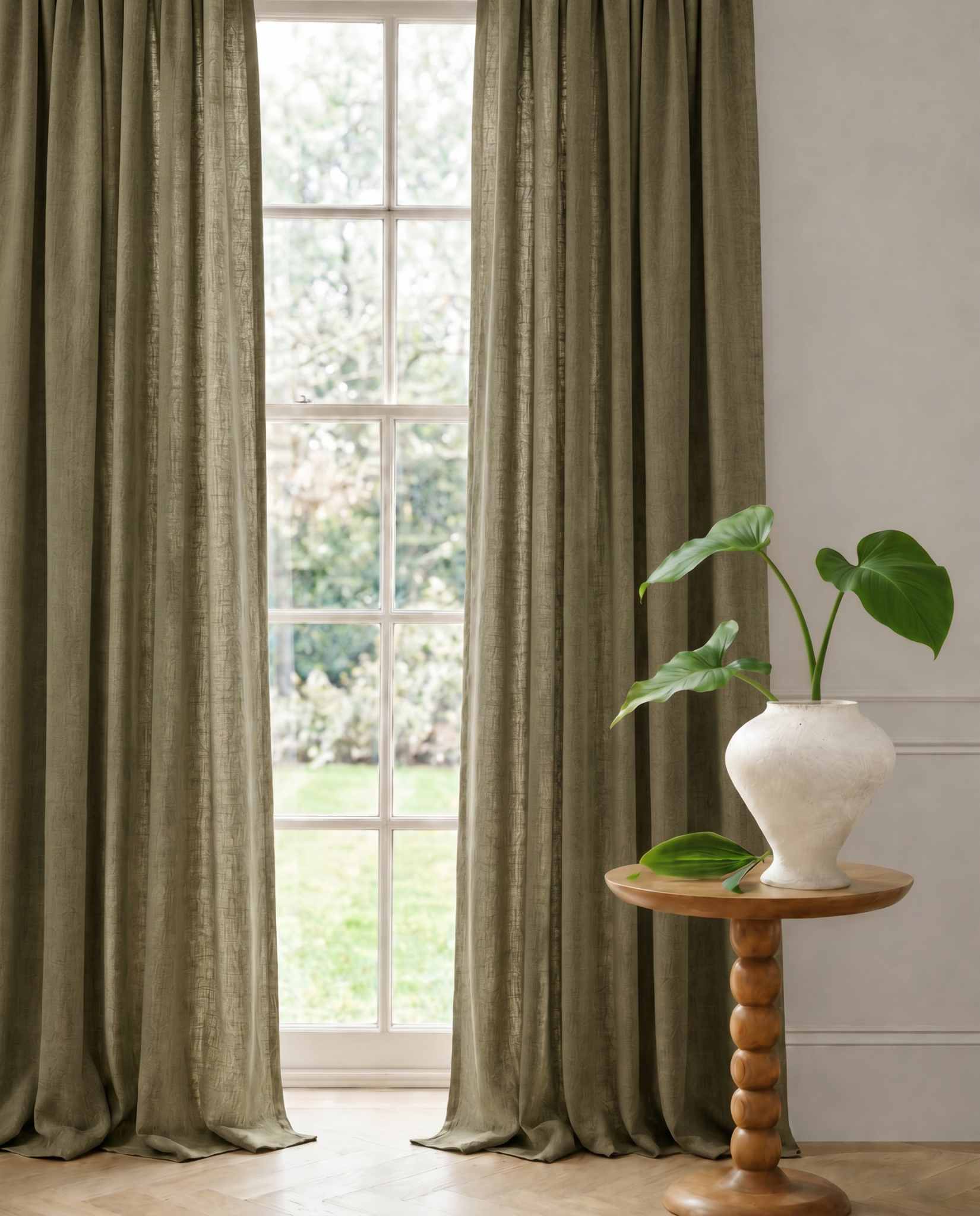 Khaki Green Linen Curtains with cotton lining. Made of soft Linen Cotton. Enni Khaki by Ada & Ina