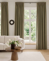 Khaki Green Linen curtains with pencil pleat heading. Soft Linen Cotton material. Enni Khaki by Ada & Ina