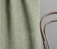 Alma Khaki Linen Fabric - Linen Curtain fabric with Green botanical print. Create Unique Linen Curtains.