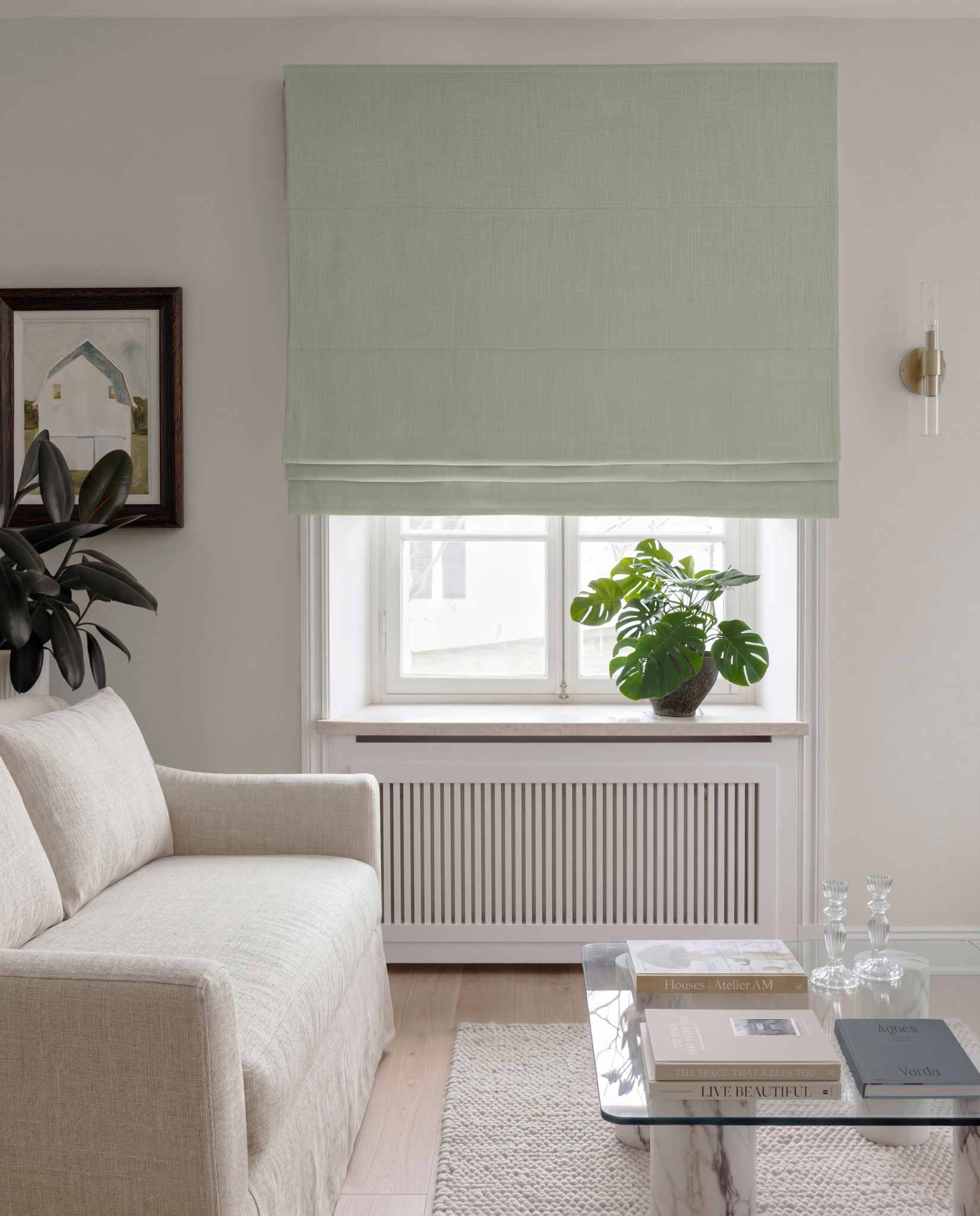 Light Blue Linen Roman blind blackout lined - pre-washed 100% linen. Bianco Aqua by Ada & Ina.