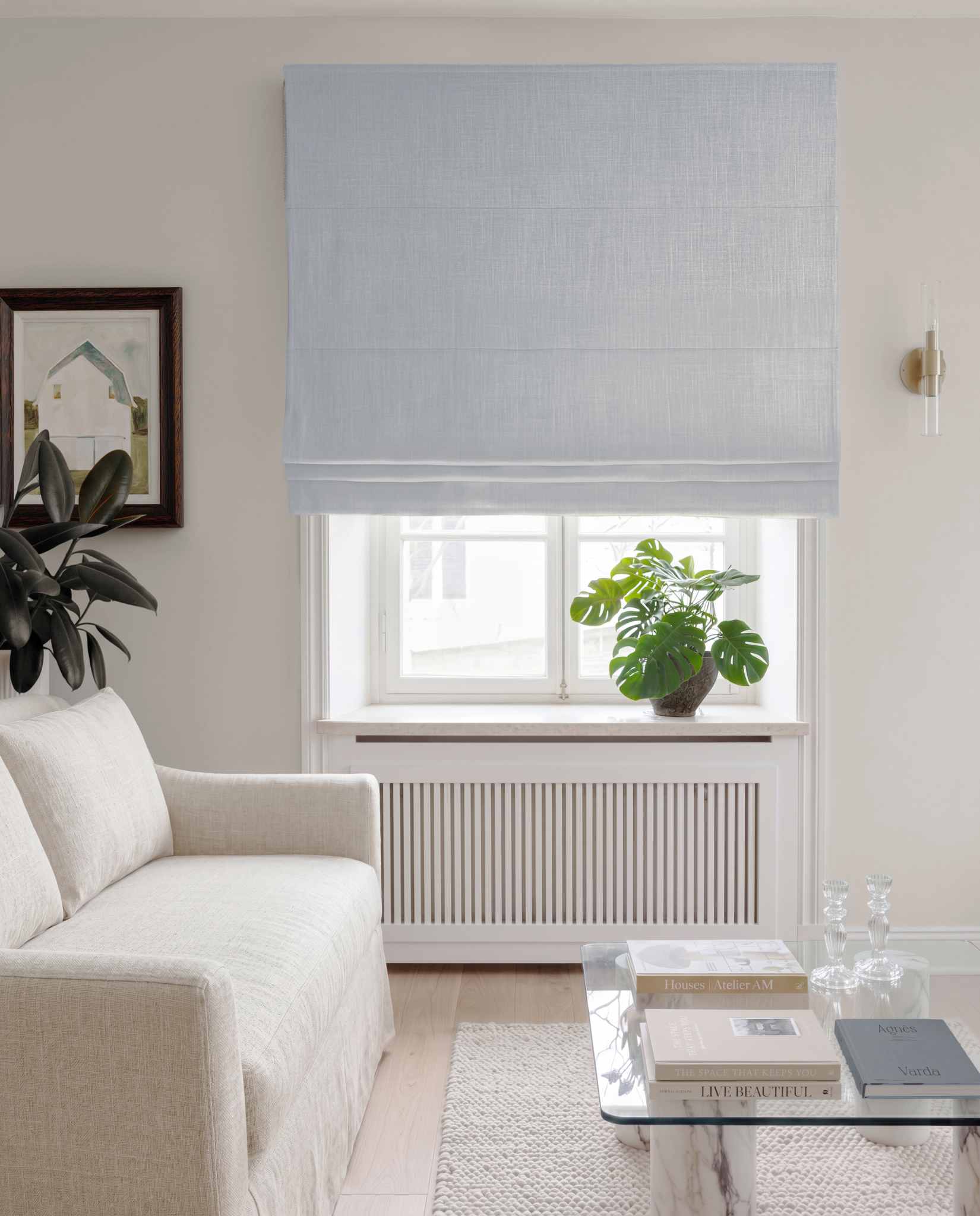 Light Blue Linen Roman blind blackout lined - pre-washed 100% linen. Bianco Pale Blue by Ada & Ina.