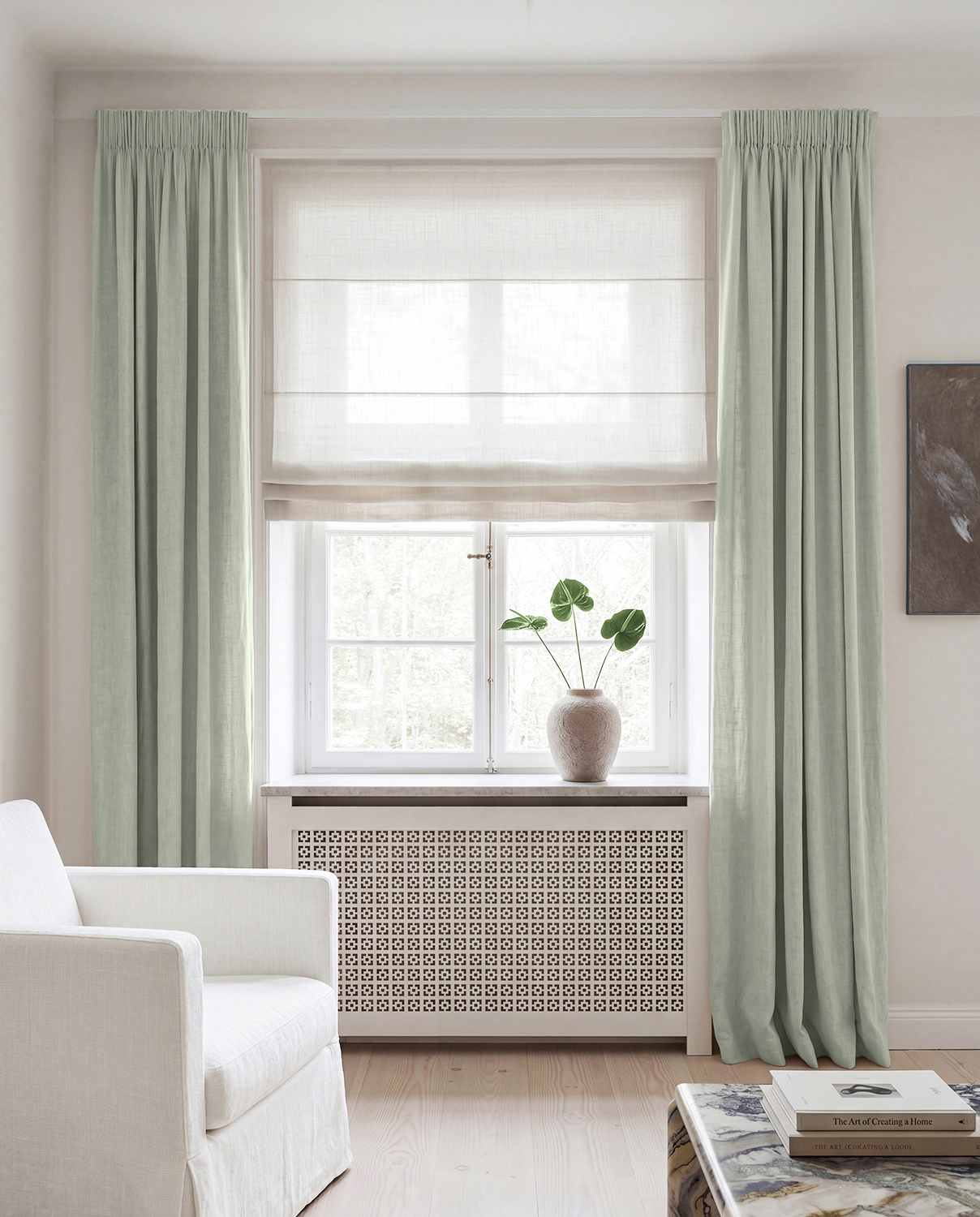 Light Blue Linen curtains blackout lined - pre-washed linen. Bianco Aqua by Ada & Ina.