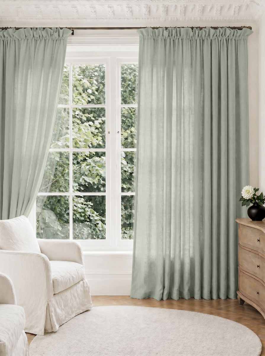 Light Blue Pleated Linen curtains for Living room. Made of pre-washed linen Bianco Aqua by Ada & Ina.