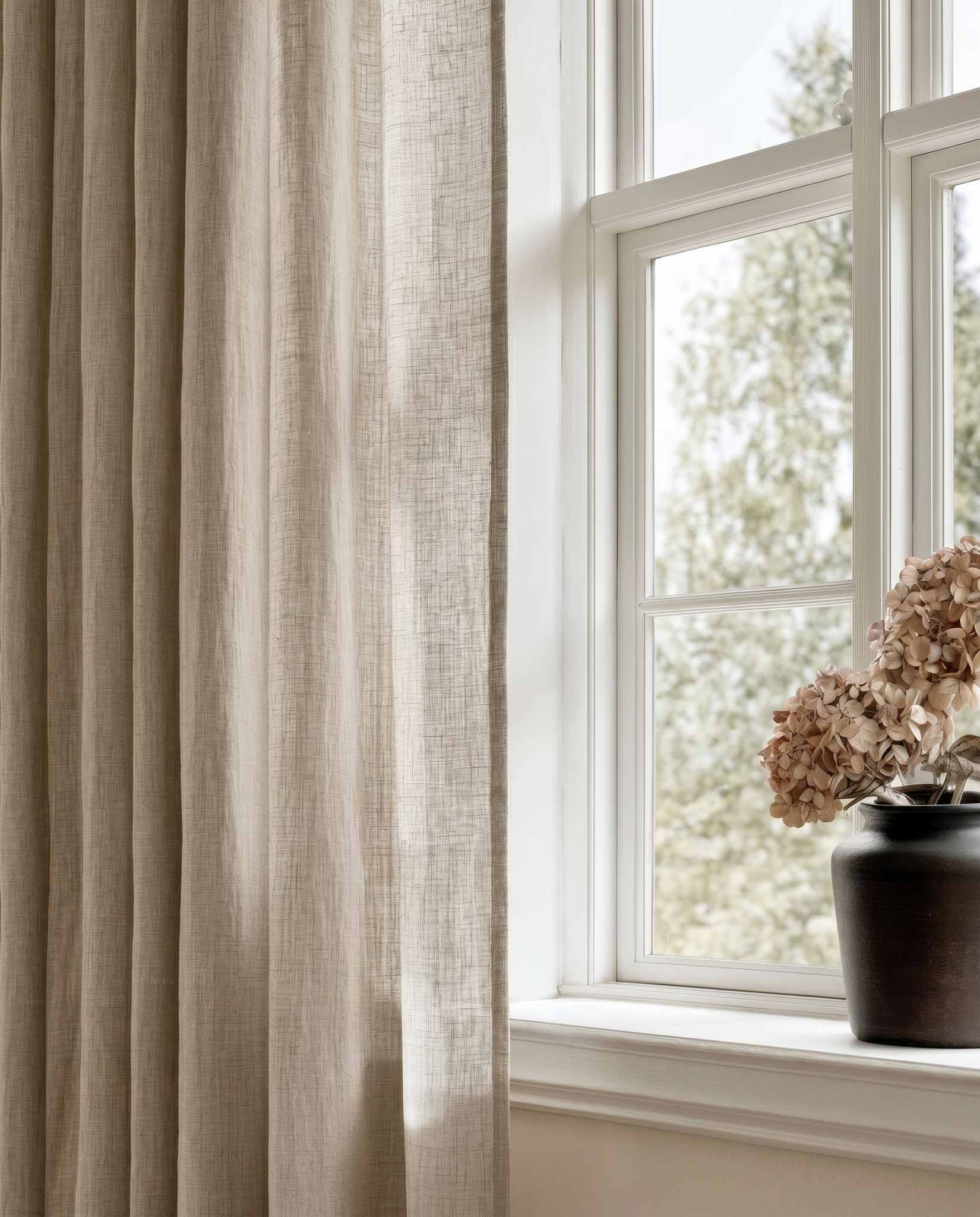 Light brown Linen Curtains close-up. Mariana Chiffon Breeze by Ada & Ina