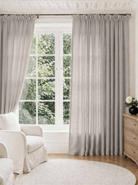 Light Grey Pleated Linen curtains for Living room. Made of pre-washed linen Bianco Clay by Ada & Ina.