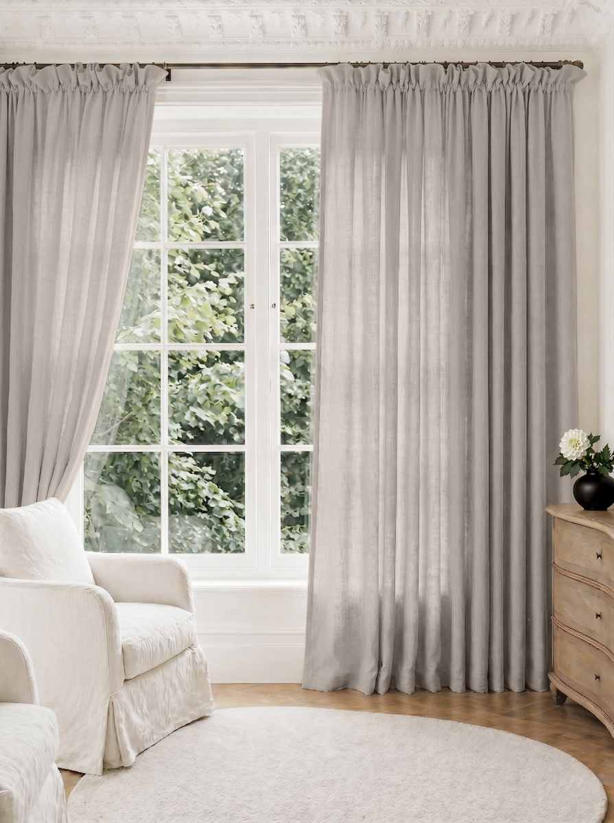 Light Grey Pleated Linen curtains for Living room. Made of pre-washed linen Bianco Clay by Ada & Ina.