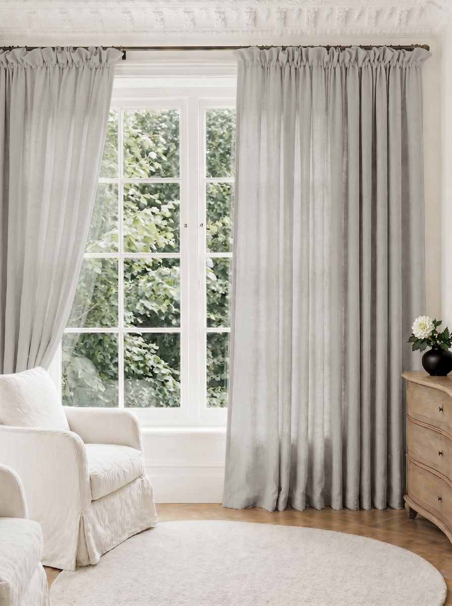 Light Grey Pleated Linen curtains for Living room. Made of pre-washed linen Bianco Dove by Ada & Ina.
