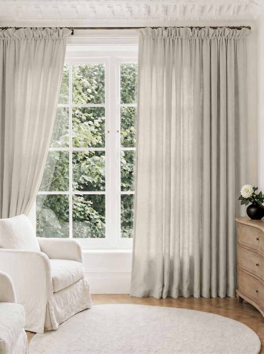 Light Grey Pleated Linen curtains for Living room. Made of pre-washed linen Bianco Pearl by Ada & Ina.