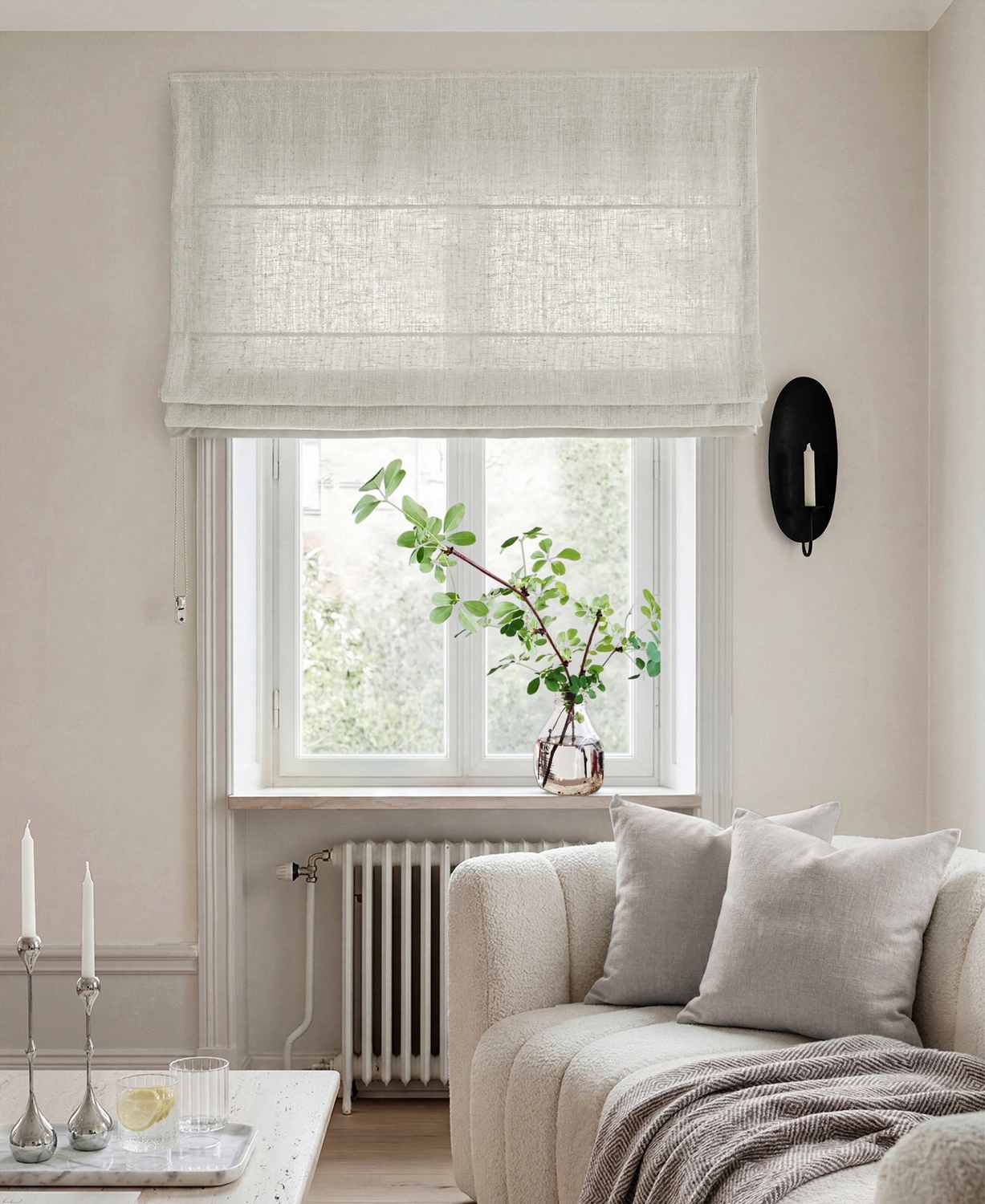 Light Grey Linen Roman blind - Cotton lined. Made of pre-washed 100% linen Bianco Pearl by Ada & Ina.
