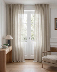 Light Natural / Oatmeal Pleated bespoke linen curtains. Made of pre-washed 100% Linen fabric - Lupe Oatmeal