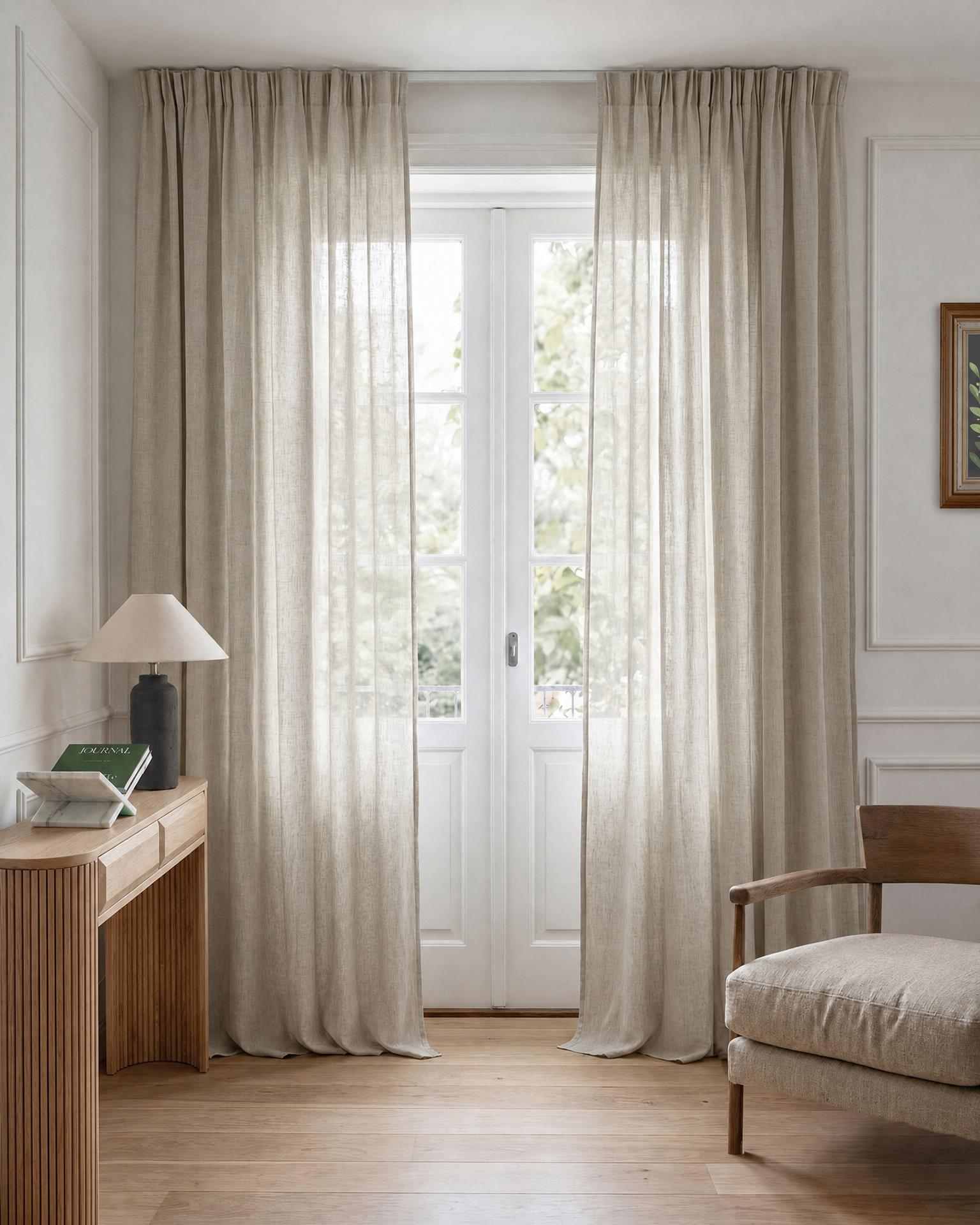 Light Natural / Oatmeal Pleated bespoke linen curtains. Made of pre-washed 100% Linen fabric - Lupe Oatmeal