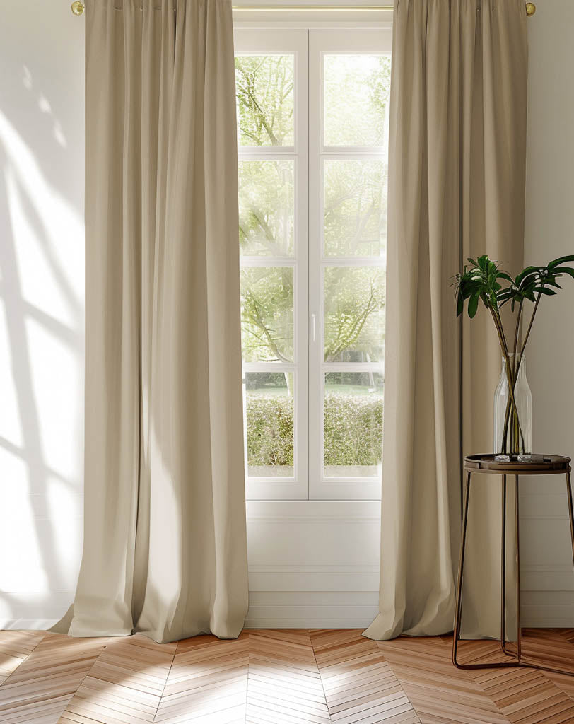 Neutral 100% Cotton curtains made of Amara Light Sand fabric