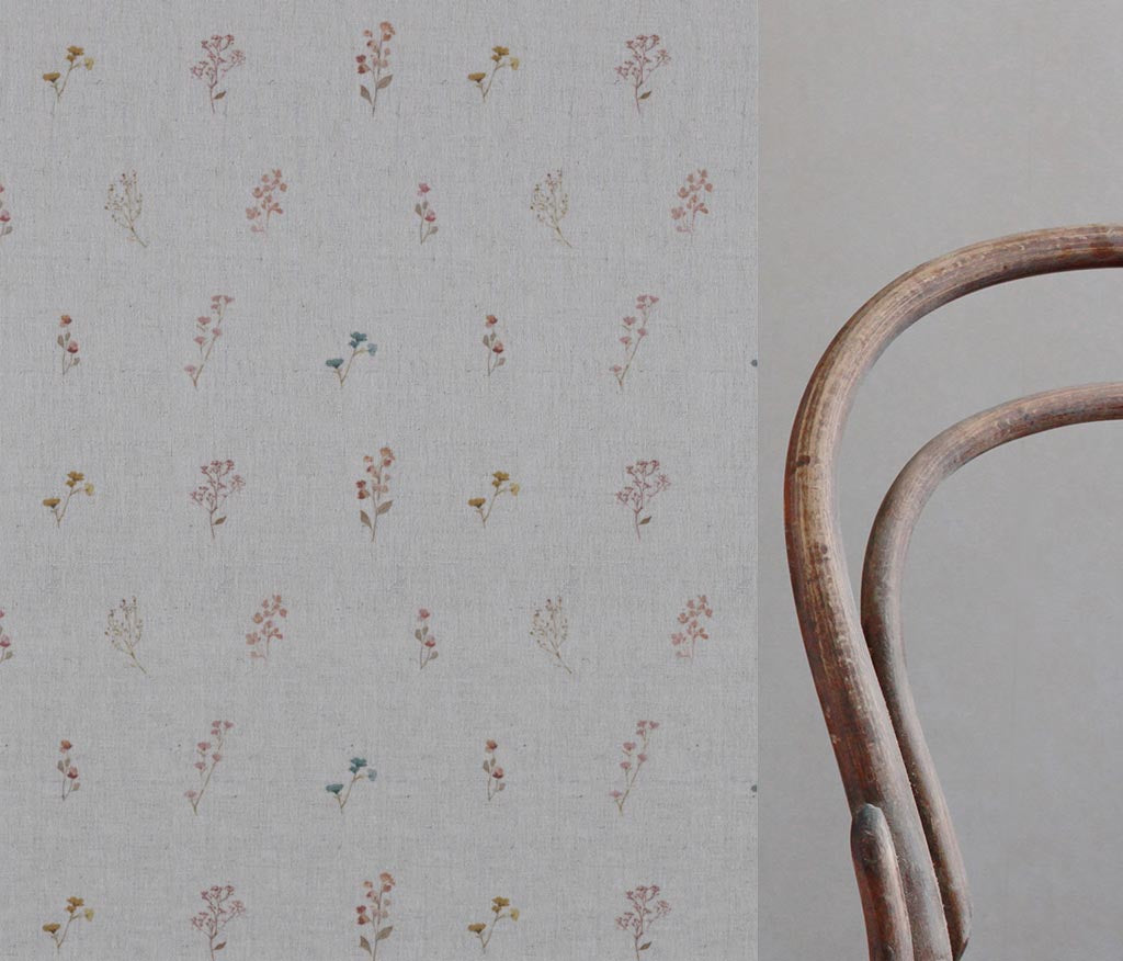 Multi-Coloured Floral Linen Curtain Fabric - Bridget-NAT - Natural base fabric.