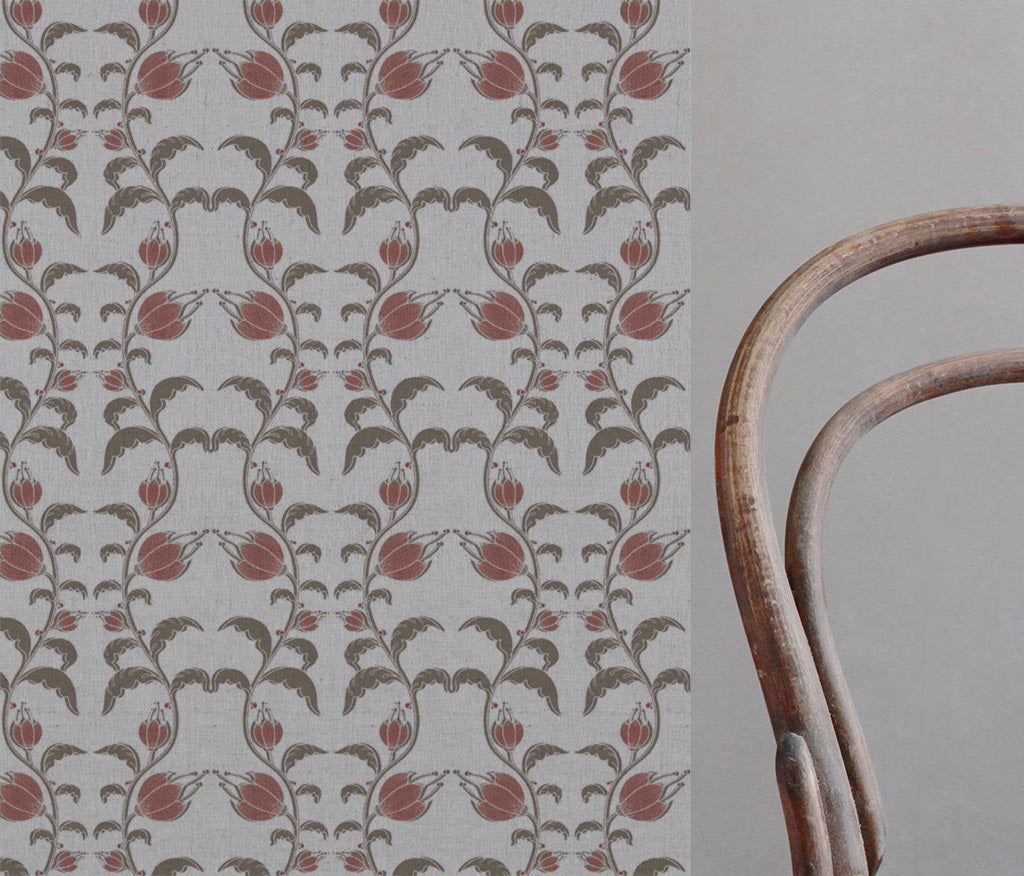 Red and Brown Patterned Linen Curtain Fabric - Dana Red Pebble - Natural base fabric.