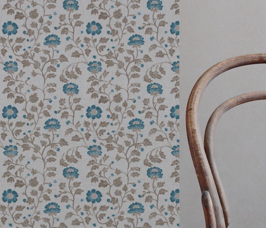 Blue Floral Linen Curtain Fabric - Islie Blue Stone - Natural base fabric.