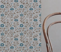 Blue Floral Linen Curtain Fabric - Islie Blue Stone - Natural base fabric.