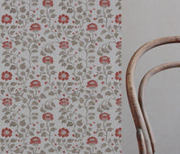 Red Floral Linen Curtain Fabric - Islie Crimson Red - Natural base fabric.