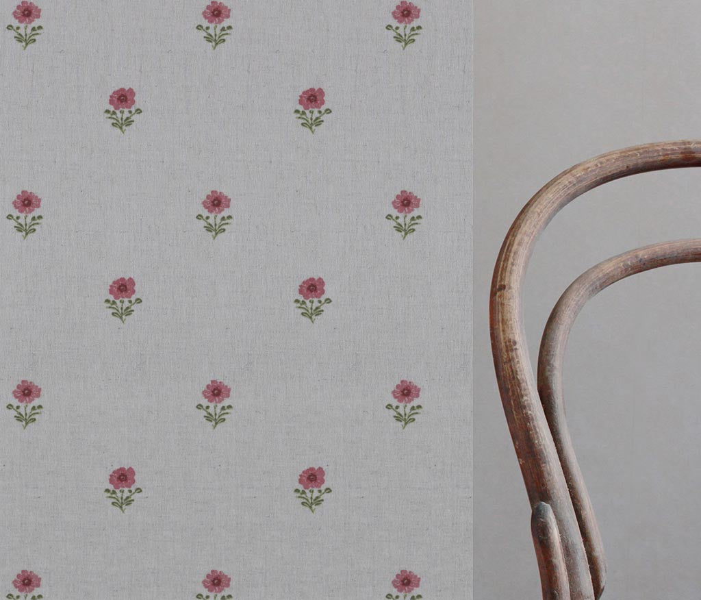 Red Floral Linen Curtain Fabric - Ksandra Red - Natural base fabric.