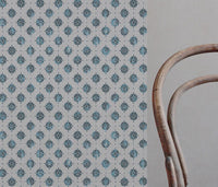 Blue Abstract Floral Linen Curtain Fabric - Lany Blue Stone - Natural base fabric.