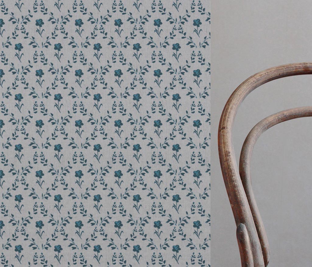 Blue Botanical Linen Curtain Fabric - Lulani Blue Stone - Natural base fabric.
