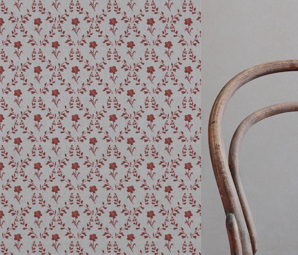 Red Botanical Linen Curtain Fabric - Lulani Crimson Red - Natural base fabric.