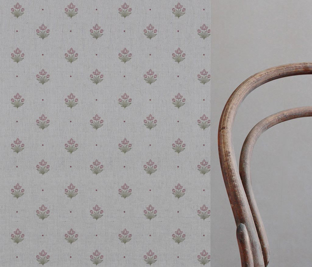 Red Floral Linen Curtain Fabric - Maryam Wine - Natural base fabric.
