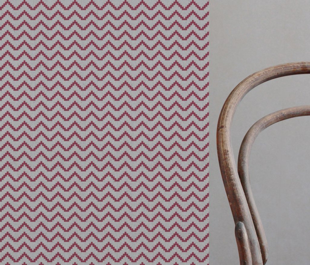 Red Patterned Linen Curtain Fabric - Azig Cherry - Natural base fabric.