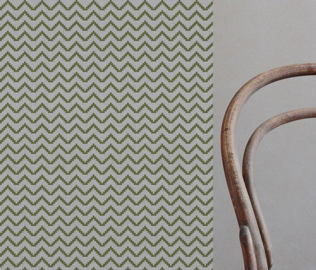 Green Patterned Linen Curtain Fabric - Azig Leaf - Natural base fabric.