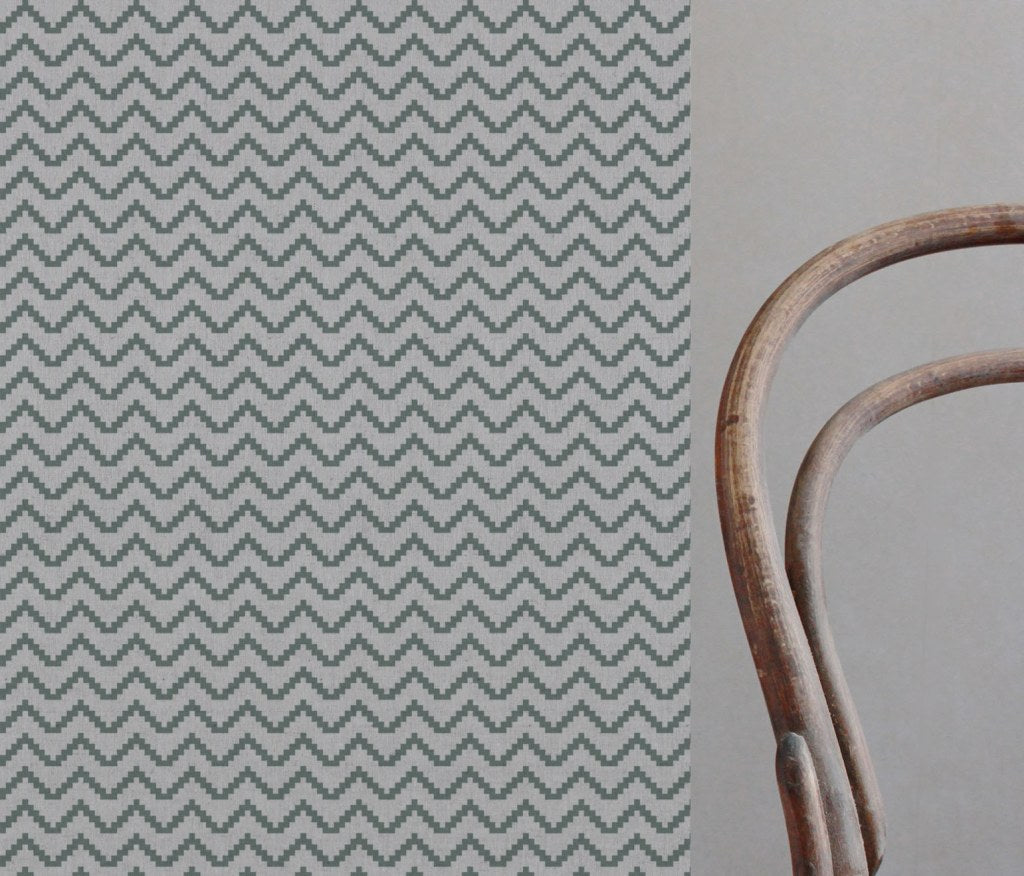 Green Patterned Linen Curtain Fabric - Azig Sage - Natural base fabric.