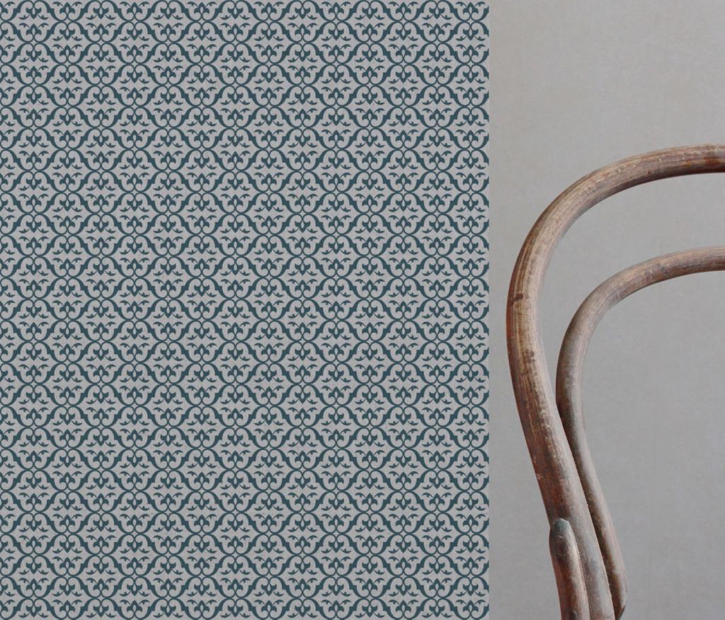 Blue Patterned Linen Curtain Fabric - Brita Blue Stone - Natural base fabric.