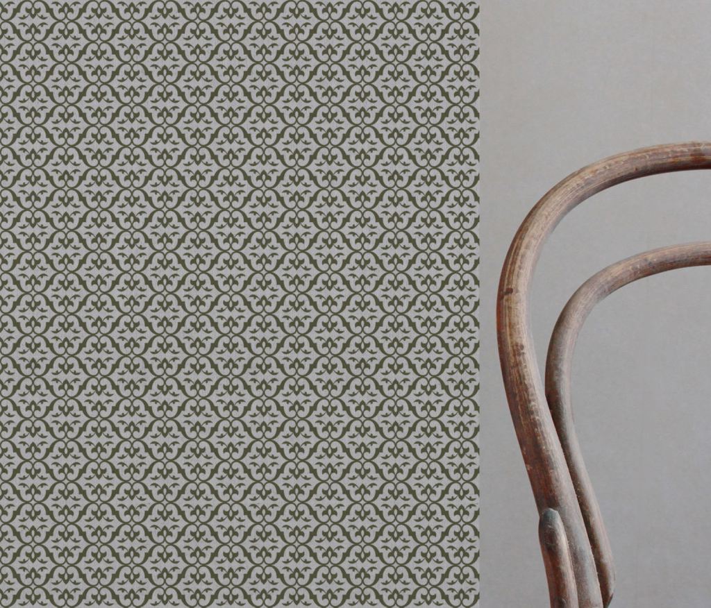 Green Patterned Linen Curtain Fabric - Brita Seaweed - Natural base fabric.
