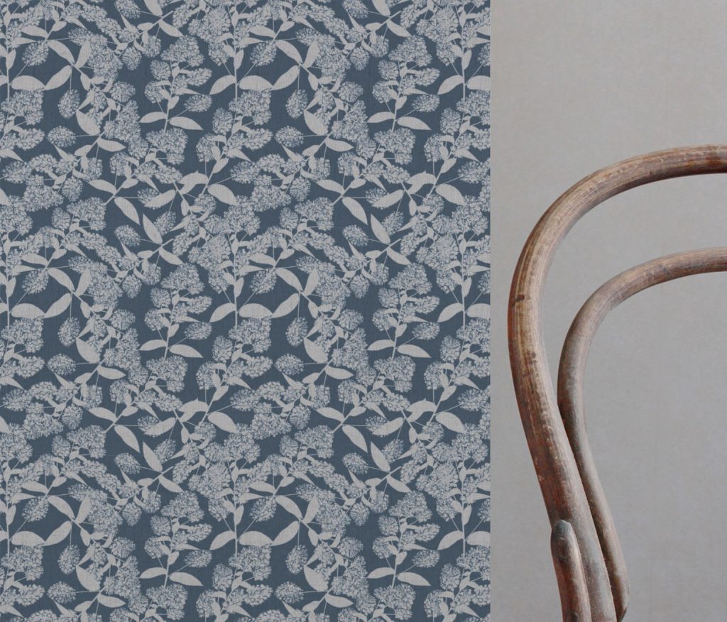 Blue Floral Linen Curtain Fabric - Dagmar-INV Denim - Natural base fabric.