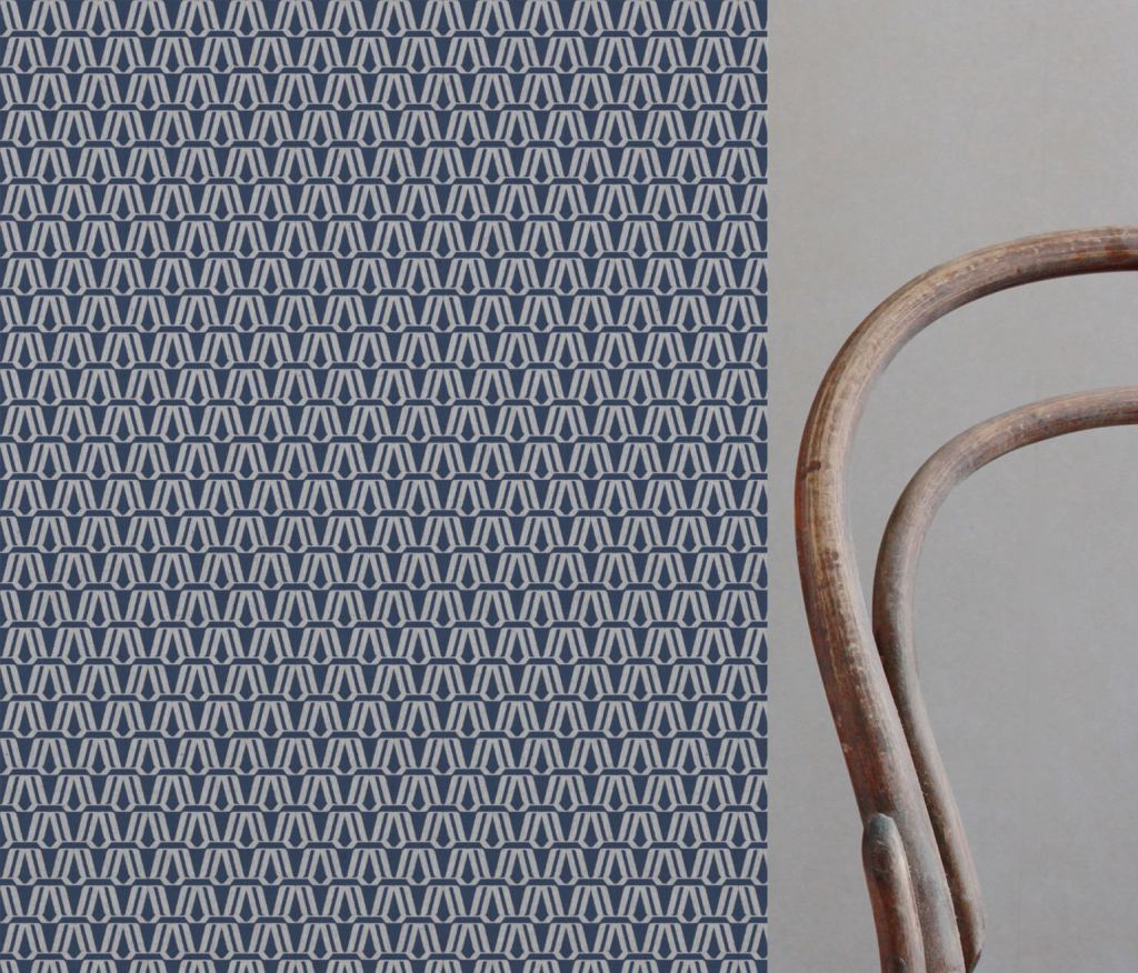 Blue Patterned Linen Curtain Fabric - Elva Night Blue - Natural base fabric.