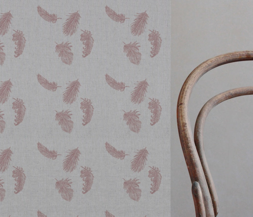Pink Patterned Linen Curtain Fabric - Feathers Dusty Pink - Natural base fabric.