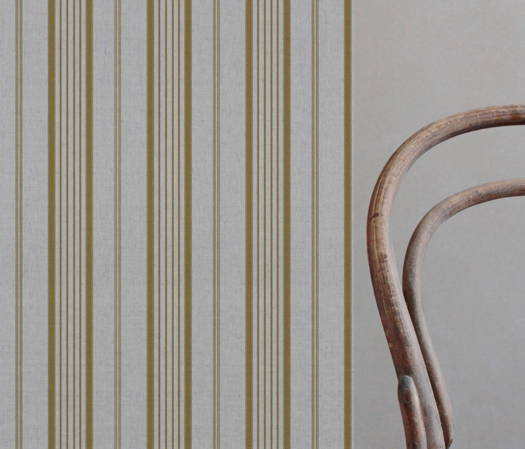 Yellow Striped Linen Curtain Fabric - Freja Gold Rod - Natural base fabric.