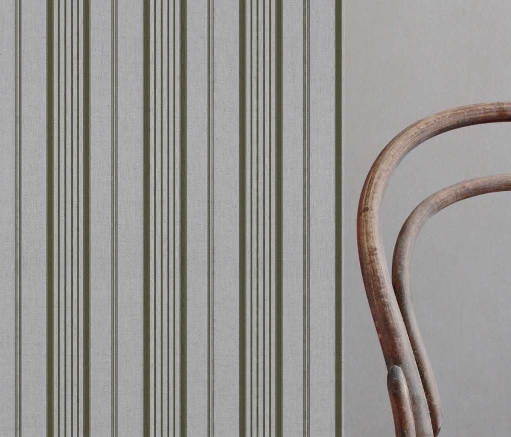 Green Striped Linen Curtain Fabric - Freja Seaweed - Natural base fabric.