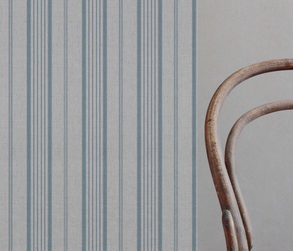 Blue Striped Linen Curtain Fabric - Freja Sky - Natural base fabric.