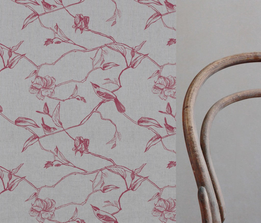 Red Floral Linen Curtain Fabric - Gardenia Cherry - Natural base fabric.