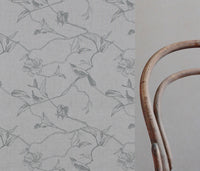 Grey Floral Linen Curtain Fabric - Gardenia Greige - Natural base fabric.