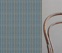 Blue / Orange Patterned Linen Curtain Fabric - Hulda Blue Stone - Ochre - Natural base fabric.